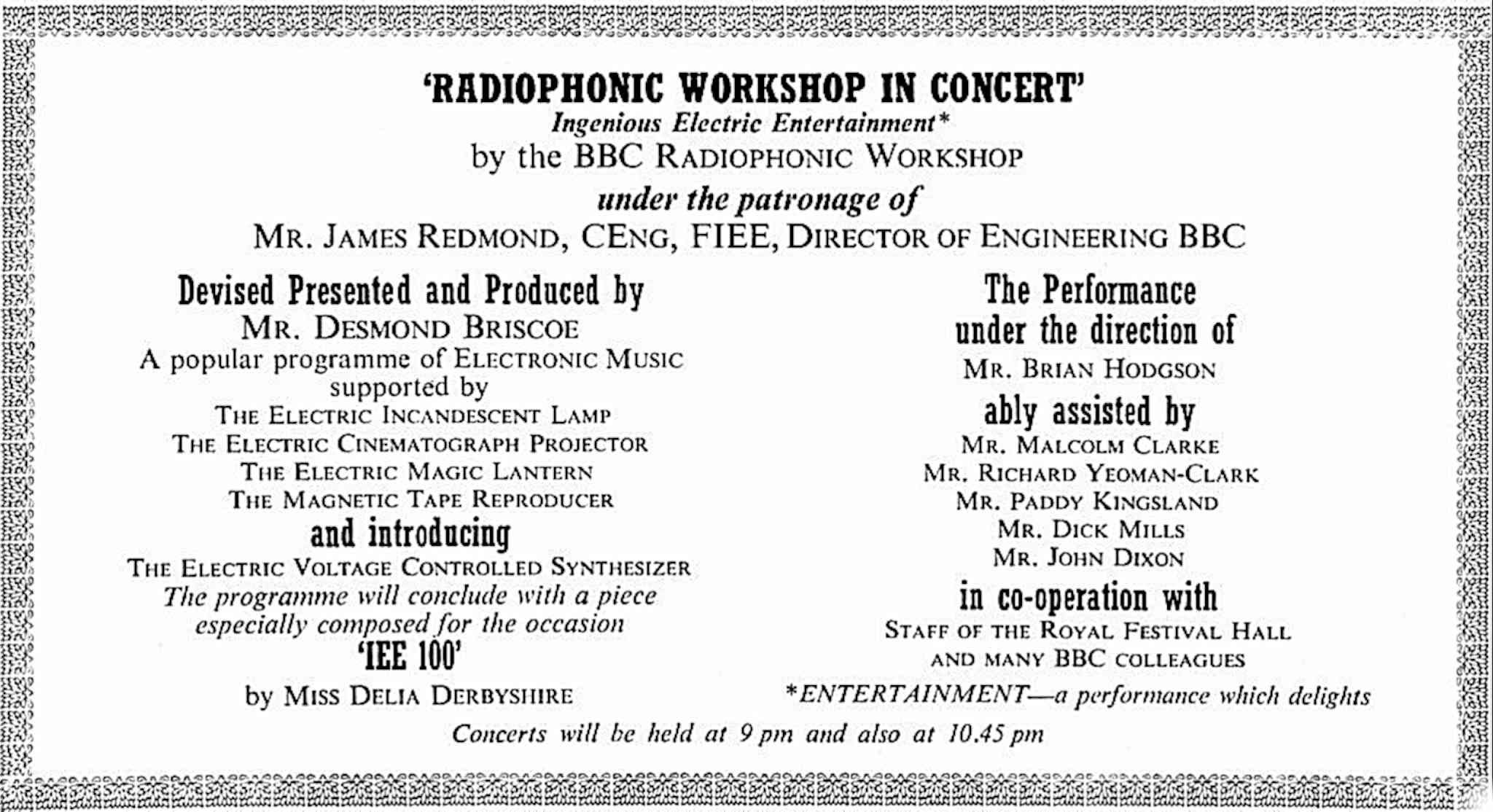 Details of the Radiophonic Workshop in Concert event, held on 19 May 1971 at the Royal Festival Hall to celebrate the 100th anniversary of the Institution of Electrical Engineers (IEE)