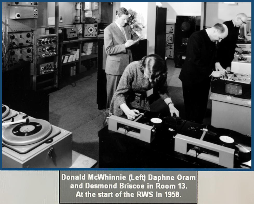 Donald McWhinnie, Daphne Oram and Desmond Briscoe, in room 13, at the start of the Radiophonic Workshop in 1958.