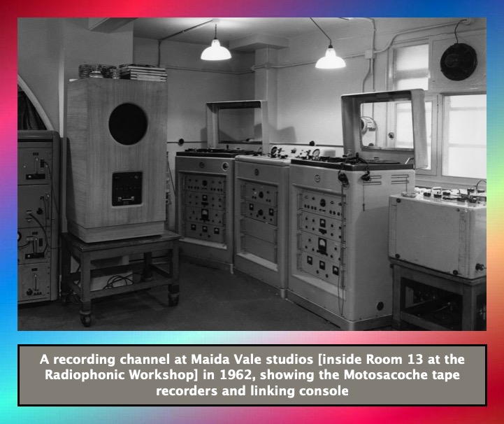 A recording channel at Maida Vale studios [inside Room 13 at the Radiophonic Workshop] in 1962, showing the Motosacoche tape recorders and linking console